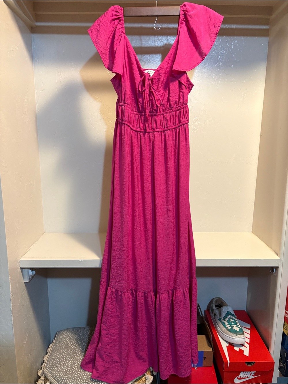 Nine West Hot Pink Maxi Dress with Flutter Sleeves